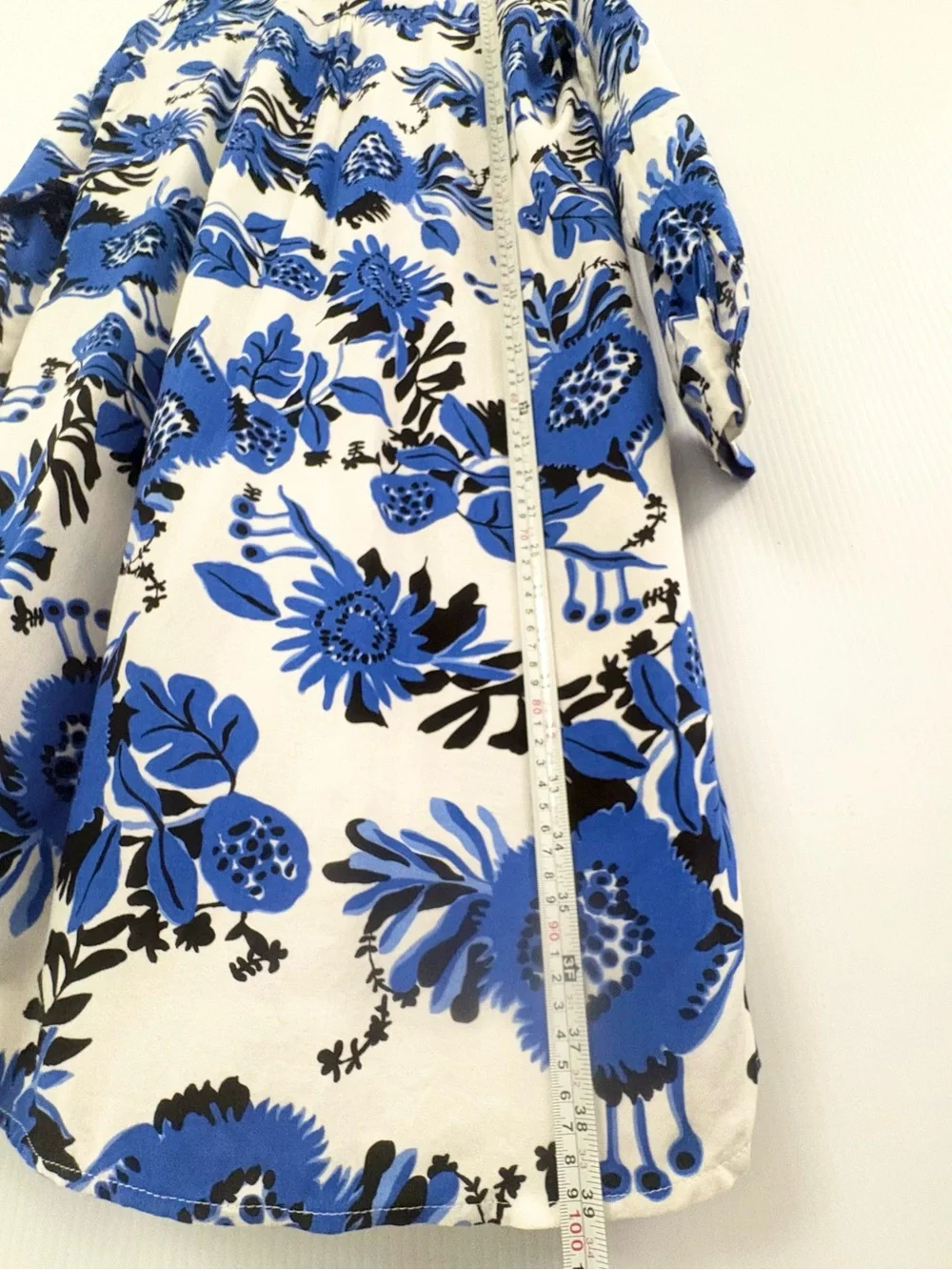 Milano Italy White Dress with Blue and Black Floral Print Long Sleeves Size 36